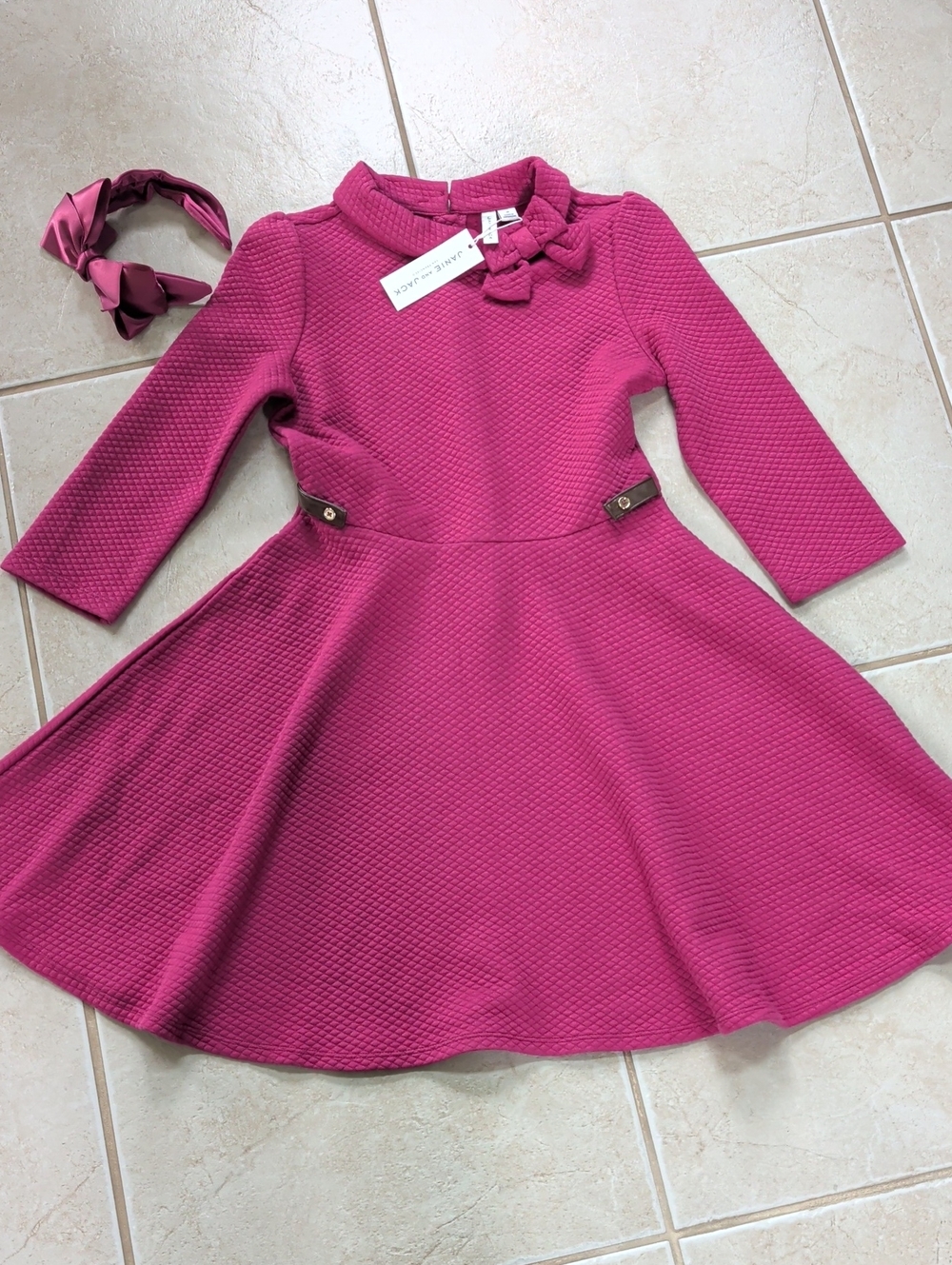 Janie and Jack Magenta Textured Long-Sleeve Dress with Bow